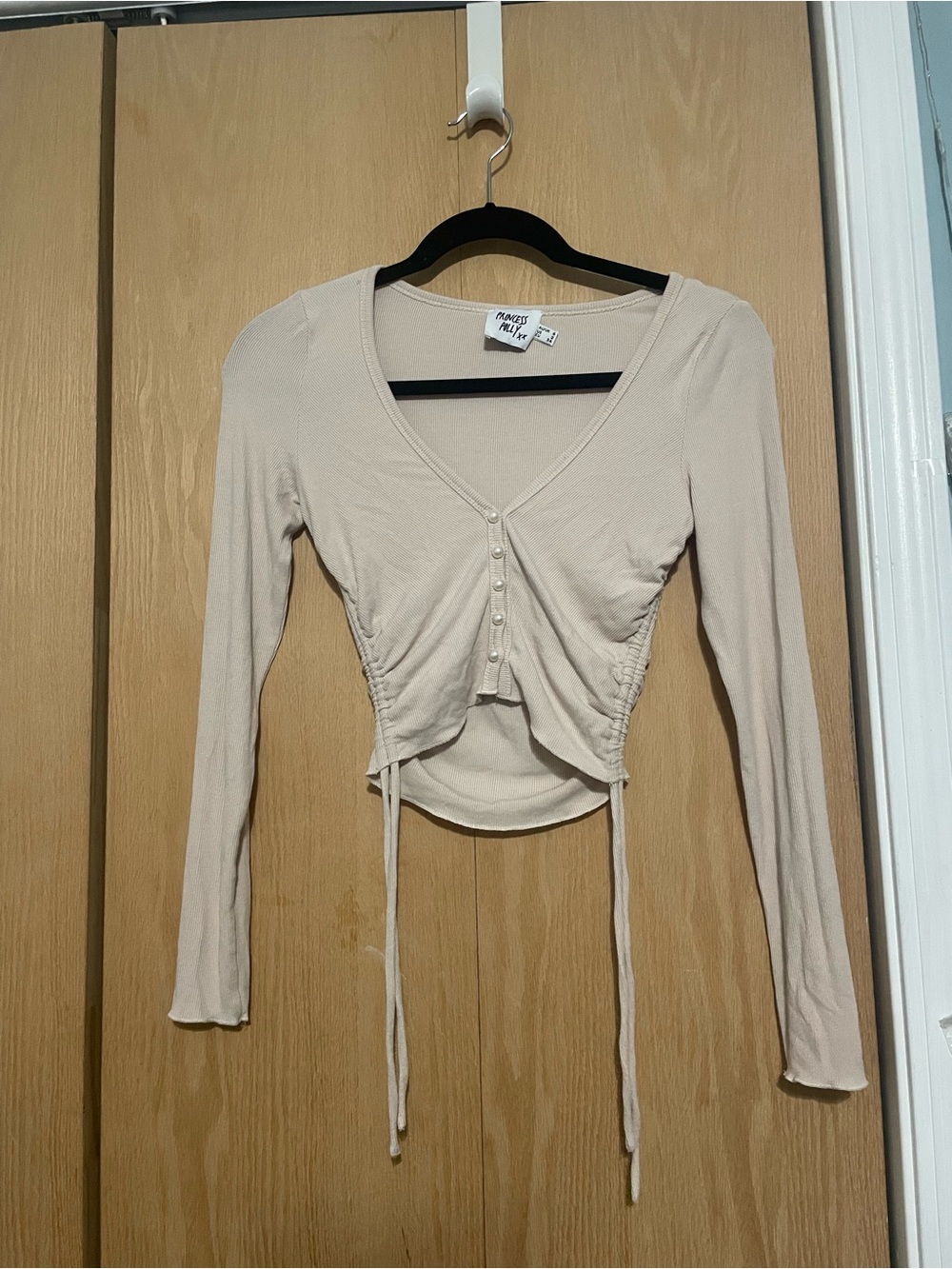 Princess Polly Beige Long-Sleeve V-Neck Drawstring Crop Top